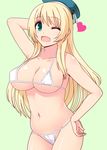  ;d atago_(kantai_collection) bad_id bad_pixiv_id bikini blonde_hair blush breasts cleavage green_background green_eyes hand_behind_head hand_on_hip hat heart highres kantai_collection large_breasts long_hair looking_at_viewer navel one_eye_closed open_mouth shiny shiny_skin skindentation smile solo strap_gap swimsuit totokichi white_bikini 