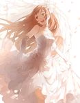  alternate_costume backlighting bare_shoulders bridal_veil bride brown_hair doll_joints dress dress_lift elbow_gloves gloves heterochromia long_hair md5_mismatch nine_(liuyuhao1992) open_mouth petals rozen_maiden smile solo strapless strapless_dress suiseiseki veil very_long_hair wedding_dress white_dress 