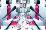  amputee aqua_eyes aqua_hair bad_id bad_pixiv_id boots cake candle checkered checkered_floor collar food hand_on_own_chest hatsune_miku highres knife long_hair monitor sakakidani shoes sitting solo twintails very_long_hair vocaloid wariza 