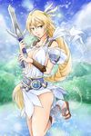  armor belt blonde_hair braid breasts cleavage dress elbow_pads greaves green_eyes highres jewelry large_breasts lips long_hair mice08 nature necklace sandals single_braid smile solo sophitia_alexandra soulcalibur soulcalibur_iv sword vambraces very_long_hair water weapon 