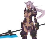  android animal_ears breasts cat_ears dark_skin energy_weapon exaxuxer highres long_hair medium_breasts navel phantasy_star phantasy_star_online_2 polearm ponytail red_eyes revealing_clothes robot_joints rose_series silver_hair sketch solo weapon 
