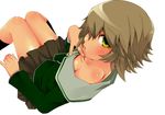  blush brown_hair crossdressing danganronpa danganronpa_1 doku_gorira fujisaki_chihiro looking_at_viewer looking_back male_focus off_shoulder open_mouth otoko_no_ko school_uniform short_hair skirt solo 