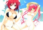  2girls :d absurdres armpits arms_up bikini black_bikini breasts brown_eyes cherry cleavage collarbone drink fixed food fruit green_eyes hat highres jewelry large_breasts long_hair looking_at_viewer makita_maki micro_bikini multiple_girls navel necklace open_mouth original pink_hair red_hair scan side-tie_bikini sky smile straw_hat swimsuit swimsuits twintails two_side_up very_long_hair white_bikini white_swimsuit 