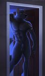  abs animal_genitalia balls biceps black_fur black_nose blue_eyes blue_fur canine canine_penis claws door doorway flaccid fur hands leaning looking_at_viewer lunalei male mammal muscles night nude pecs penis pose sheath solo standing tattoo toned wolf 