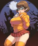  bad_id bad_pixiv_id blush bob_cut breasts brown_eyes brown_hair castle freckles full_moon glasses large_breasts lips looking_at_viewer maou_alba miniskirt moon orange_legwear orange_shirt panties plump ribbed_sweater scooby-doo shirt short_hair skirt solo sweater thick_thighs thighhighs thighs turtleneck underwear velma_dace_dinkley white_panties 