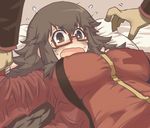  blush breasts brown_eyes brown_hair commentary flying_sweatdrops glasses huge_breasts long_hair lying matsuda_yuusuke messy_hair on_back open_mouth pillow push_down red-framed_eyewear semi-rimless_eyewear solo_focus sweatdrop tears track_suit under-rim_eyewear yonezawa_natsumi you_gonna_get_raped yuusha_to_maou 