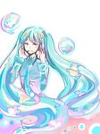  alternate_costume anonymous_drawfag aqua_eyes aqua_hair blush bubble hatsune_miku headphones headset highres long_hair music necktie singing sketch solo upper_body very_long_hair vocaloid 