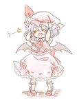  :d arms_up ascot bat_wings blue_hair closed_eyes dress hands_on_headwear hat hat_ribbon hat_tug maru_usagi mob_cap open_mouth pigeon-toed pink_dress puffy_sleeves remilia_scarlet ribbon sash short_sleeves simple_background smile solo touhou translated uu~ white_background wings 