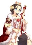  blue_eyes brown_hair cape crown dress earrings hair_ornament jewelry karpin original queen scepter short_hair simple_background smile solo thighhighs white_background 