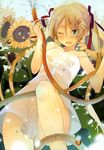  ;o absurdres akinashi_yuu bare_shoulders blonde_hair blue_eyes blush dress flower from_below hair_ornament hair_ribbon hairclip highres hose leg_up long_hair no_bra no_panties one_eye_closed original ribbon scan see-through see-through_silhouette solo strap_slip sundress sunflower twintails very_long_hair water water_drop wet wet_clothes wet_dress white_dress 