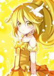  :&lt; bare_shoulders blonde_hair blush bow cure_peace dress hair_flaps kise_yayoi long_hair looking_at_viewer magical_girl minamura_haruki outline ponytail precure sketch skirt smile_precure! solo yellow yellow_background yellow_bow yellow_eyes yellow_skirt 