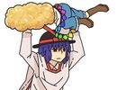  arms_up black_hat boots bow carrying_overhead dress expressionless food hat hat_ribbon hinanawi_tenshi long_sleeves multiple_girls nagae_iku purple_hair red_eyes red_ribbon ribbon simple_background tempura touhou uewtsol what white_background 