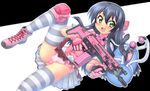  assault_rifle bag black_hair blush boots bra cameltoe duffel_bag explosive fang fn_scar gloves green_eyes grenade gun hair_ribbon hase_yu holding holding_gun holding_weapon knee_pads long_hair open_mouth original panties pantyshot pink_footwear ribbon rifle thighhighs trigger_discipline underwear vertical_foregrip weapon 