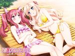  2girls beach bikini blonde_hair blue_eyes blush deck_chair hair_ribbon hair_ribbons long_hair matsubara_yuuna multiple_girls oda_nanami peko pink_hair red_eyes ribbon sample side-tie_bikini sono_hanabira_ni_kuchizuke_wo swimsuit twintails yuri 