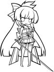  bad_id bad_pixiv_id chibi greyscale highres lineart long_hair looking_at_viewer monochrome smile solo sword syno very_long_hair weapon 