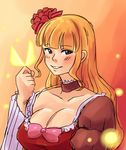  alternate_hairstyle beatrice blonde_hair blue_eyes bow breasts bug butterfly choker cleavage collarbone drawfag flower hair_down hair_flower hair_ornament insect large_breasts long_hair pink_bow rose smile solo umineko_no_naku_koro_ni 