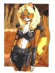  absurd_res armor blonde_hair bracers breasts feline female fire hair hi_res lion looking_at_viewer mammal solo sword terrie_smith weapon 