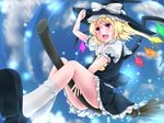  awai_shiro bad_id bad_pixiv_id blonde_hair broom broom_riding cosplay flandre_scarlet hand_on_headwear hat hat_ribbon holding kirisame_marisa kirisame_marisa_(cosplay) red_eyes ribbon side_ponytail solo touhou wings witch_hat 