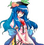  alphes blue_hair food fruit hat hinanawi_tenshi long_hair lowres official_art open_mouth peach red_eyes scarlet_weather_rhapsody short_sleeves solo touhou transparent_background 
