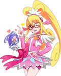  :d =_= absurdres aida_mana bad_id bad_pixiv_id bespectacled bike_shorts blonde_hair blue_hair blush bow chibi cure_diamond cure_heart dokidoki!_precure drooling glasses hair_ornament hand_on_hip heart heart_hair_ornament highres hishikawa_rikka index_finger_raised multiple_girls one_eye_closed open_mouth pink_bow pink_eyes pink_sleeves precure simple_background smile star white_background yupiteru yuri 