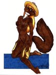  blonde_hair breasts female hair hat hi_res looking_at_viewer mammal marten mustelid necklace nipples nude rodent sable solo terrie_smith undressing 