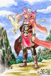  adapted_costume ahoge alternate_costume bandages belt boots cape cloud cuffs day dragon flower hair_bun hood ibaraki_kasen kawachi_koorogi pink_eyes pink_hair scenery short_hair sky solo thighhighs touhou traditional_media watercolor_(medium) zettai_ryouiki 