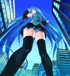  armpits blush city from_below giantess hatsune_miku highres legs long_hair open_mouth panties striped striped_panties teston underwear upskirt vocaloid 