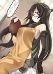  :&lt; apron bare_shoulders bespectacled black_gloves black_hair blush breasts brown_eyes dutch_angle elbow_gloves fingerless_gloves glasses gloves hair_ornament headgear kantai_collection long_hair looking_at_viewer medium_breasts nagato_(kantai_collection) ogami_kazuki puka_puka red_eyes solo translated tray 