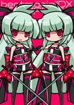  bad_id bad_pixiv_id beatmania beatmania_iidx blush_stickers chibi copyright_name flat_chest green_hair long_hair looking_at_viewer multiple_girls open_mouth red_eyes simple_background smile sword syno thighhighs very_long_hair weapon 