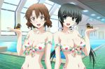  2girls bikini black_hair blue_eyes blush breasts brown_eyes brown_hair cleavage de hair_ornament hairclip hearts horse koi large_breasts long_hair looking_at_viewer lovecome machigatteiru. maji mayuzumi_yukie medium_breasts multiple_girls ni no ore orimoto_kaori ponytail pool seishun shinasai! short_hair strap_slip swimsuit wa watashi yahari 