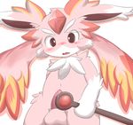 blush chibi eyebrows fur gem itameshi male mars_light_carbuncle navel open_mouth penis pink_fur plain_background polearm precum presenting puzzle_&amp;_dragons red_eyes red_fur solo staff toony video_games white_background 