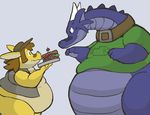  anthro blue_background blue_body blue_scales bottomless brown_hair chubby clothed clothing collar dragon duo eye_contact food hair hat horn long_neck male odendo odendo_(character) open_shirt overweight plain_background samael sandwich sandwich_(food) shirt simple_background standing thick_tail yellow_body 