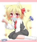  animal_ears between_legs blonde_hair blush_stickers cat_ears cat_tail fish hand_between_legs necktie oden_(th-inaba) paw_pose red_eyes red_neckwear rumia solo tail touhou 