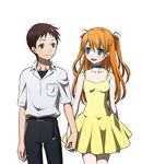  blue_eyes blush choker dress holding_hands ikari_shinji nanji3 neon_genesis_evangelion orange_hair smile souryuu_asuka_langley sundress yellow_dress 