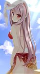  :o animal_ears back bikini blue_sky blush bunny_ears bunny_tail chimunge cloud day floral_print gradient_sarong highres light_rays long_hair looking_at_viewer looking_back orange_sarong print_sarong purple_hair red_bikini red_eyes reisen_udongein_inaba sarong sky solo sunbeam sunlight swimsuit tail touhou very_long_hair 
