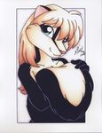  absurd_res anthro black_fur blonde_hair blue_eyes female fur hair hi_res looking_at_viewer mammal michele_light mustelid nude pinup pose skunk solo tail_grab tail_hug white_fur 