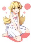  :d blonde_hair dacchi dress highres kabukimonogatari long_hair monogatari_(series) nisemonogatari open_mouth oshino_shinobu sitting smile solo v_arms wariza yellow_eyes 