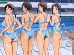  1boy 4girls ass bare_shoulders black_hair brown_hair censored cum cum_on_ass ejaculation exhibitionism long_hair looking_back majime_club masturbation multiple_girls out_of_frame penis public smile swimsuit take_your_pick tremble trembling 