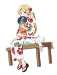  blonde_hair bow closed_eyes drill_hair fan flower hair_bow japanese_clothes jewelry kyubey long_hair looking_at_viewer mahou_shoujo_madoka_magica paper_fan ring sitting smile tomoe_mami torinone twin_drills twintails uchiwa yellow_eyes 