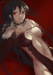  absurdres black_dress black_hair blood blood_on_face breasts center_opening choker collarbone consort_yu_(fate) dress fate/grand_order fate_(series) fur_collar hair_between_eyes highres licking_lips long_hair looking_at_viewer medium_breasts navel nekobell red_background red_eyes revealing_clothes solo strapless strapless_dress tongue tongue_out very_long_hair 