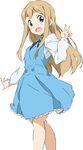  ;d blonde_hair blue_eyes blue_skirt cosplay dokidoki!_precure happy hishikawa_rikka hishikawa_rikka_(cosplay) k-on! kotobuki_minako kotobuki_tsumugi long_hair looking_at_viewer one_eye_closed open_mouth precure ribbon round_teeth seiyuu_connection simple_background skirt smile solo teeth umanosuke white_background 