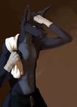 bandage black_fur blue_eyes canine coyote fur kelaruj male mammal pose solo sovy topless towel 
