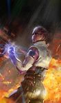  alien aria_t'loak_(mass_effect) asari ass ben_huen blue_eyes bodysuit clenched_hand cover_image facial_tattoo fire glowing highres looking_at_viewer mass_effect mass_effect_3 purple_skin rain shiny shiny_clothes solo tattoo textless wet 