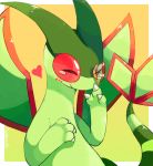  blush border bug claws commentary english_commentary firefly flygon heart horns insect no_humans on_nose pokemon pokemon_(creature) purpleninfy red_eyes simple_background smile tail tearing_up white_border wings x) yellow_background 