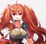  ahoge belt breasts cleavage corset eiyuu_densetsu estelle_bright jacket large_breasts long_hair looking_at_viewer naso4 open_clothes open_jacket pauldrons red_eyes red_hair scrunchie short_sleeves smile solo sora_no_kiseki twintails 