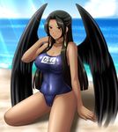  big_breasts black_hair breasts cameltoe covered_nipples erect_nipples kafu large_breasts mabinogi neamhain one-piece_swimsuit swimsuit wings 