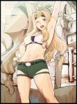  1girl abs alternate_costume alternate_hairstyle belt black_border blonde_hair border boxing_ring circlet fate/grand_order fate_(series) long_hair low-tied_long_hair one_eye_closed pointing pointing_up ponytail quetzalcoatl_(fate/grand_order) short_shorts shorts sweat syatey toned 