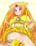  boots bow brooch bubble_skirt choker circlet cure_muse_(yellow) frills hair_ribbon heart highres jewelry knee_boots long_hair magical_girl maokyu orange_hair precure ribbon shirabe_ako sitting skirt smile solo suite_precure yellow_bow yellow_choker yellow_skirt 