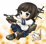  ankle_boots bag black_hair blue_eyes blush_stickers boots cat chibi fubuki_(kantai_collection) gradient gradient_background kantai_collection looking_at_viewer open_mouth school_bag school_uniform serafuku short_hair solo torpedo tsukiori_sasa turret 