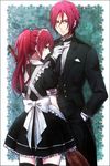  1girl alternate_costume broom brother_and_sister butler enmaided free! highres imouma long_hair maid matsuoka_gou matsuoka_rin ponytail red_eyes red_hair siblings thighhighs tuxedo 